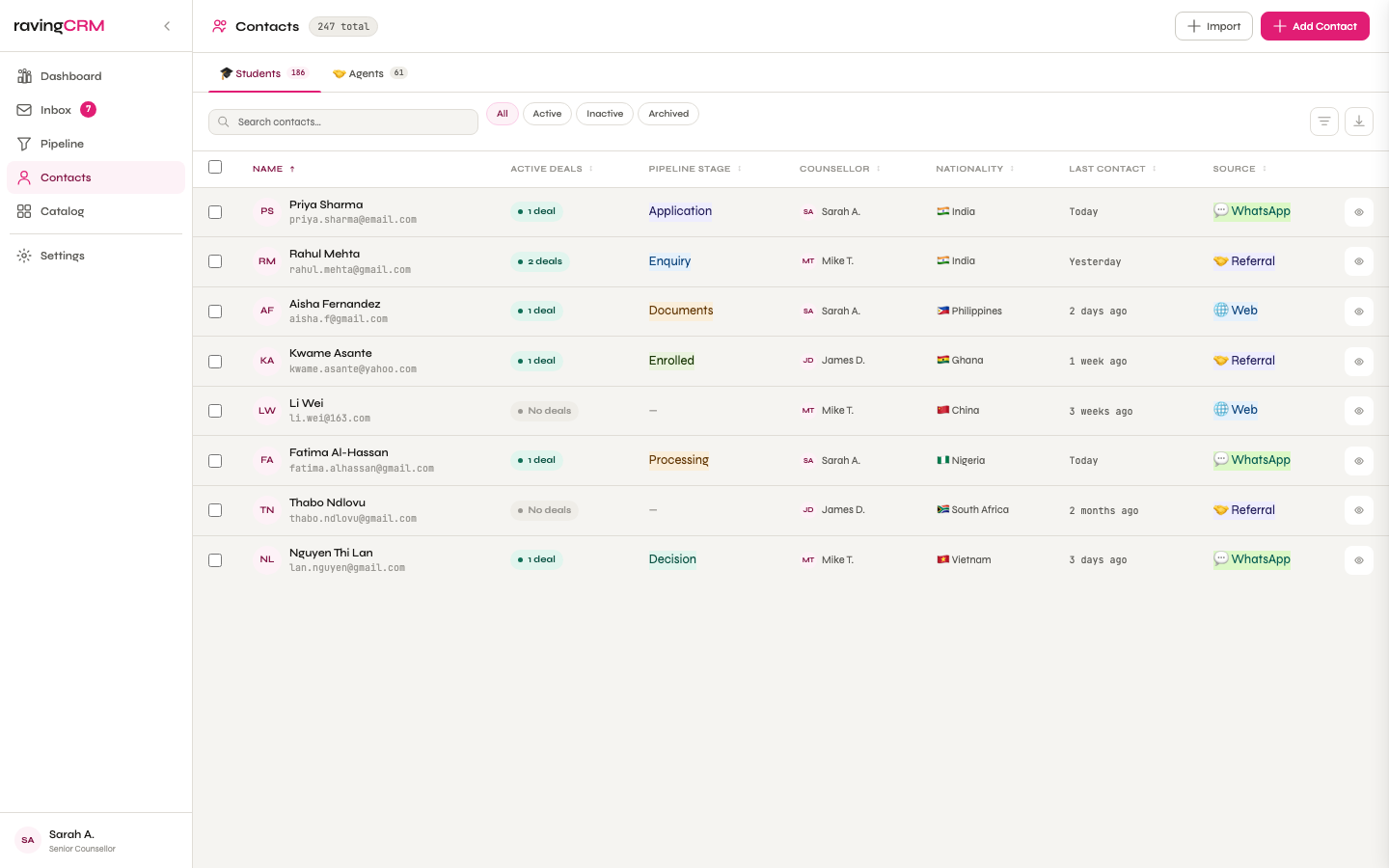 ravingCRM 360-degree contact view showing student profiles with multiple university applications