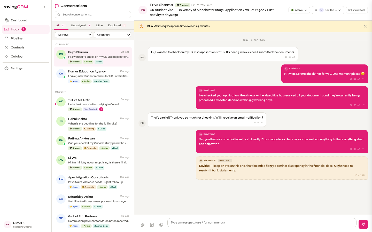 ravingCRM unified inbox showing WhatsApp, email, and SMS conversations for a single student record
